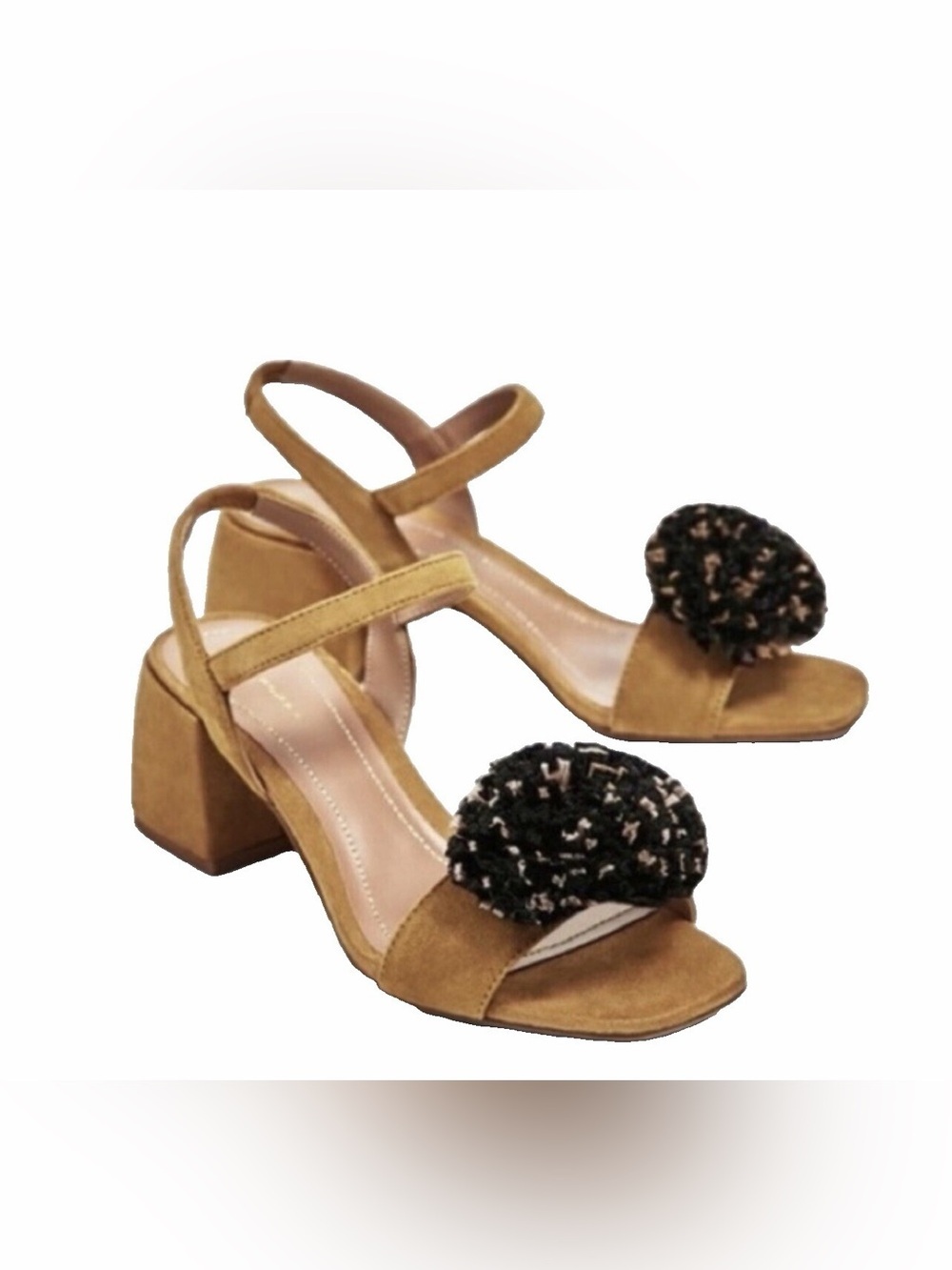 ZARA Tan Black suede Block Heel Open Toe Strappy Sandal 39EU